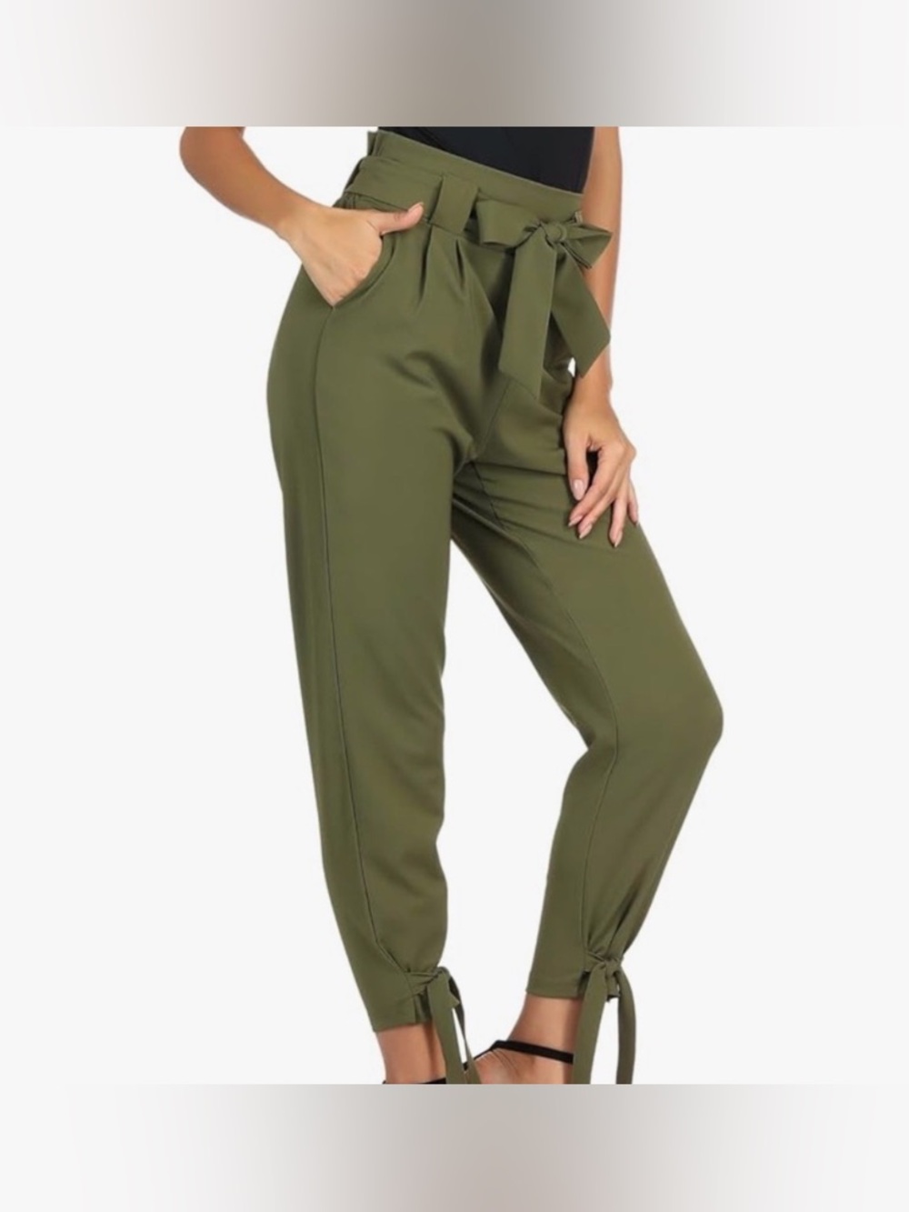 Grace Karin Women's Green High Waist Paper Bag Pants Sz M Bow Cuffs Ruched Waist
